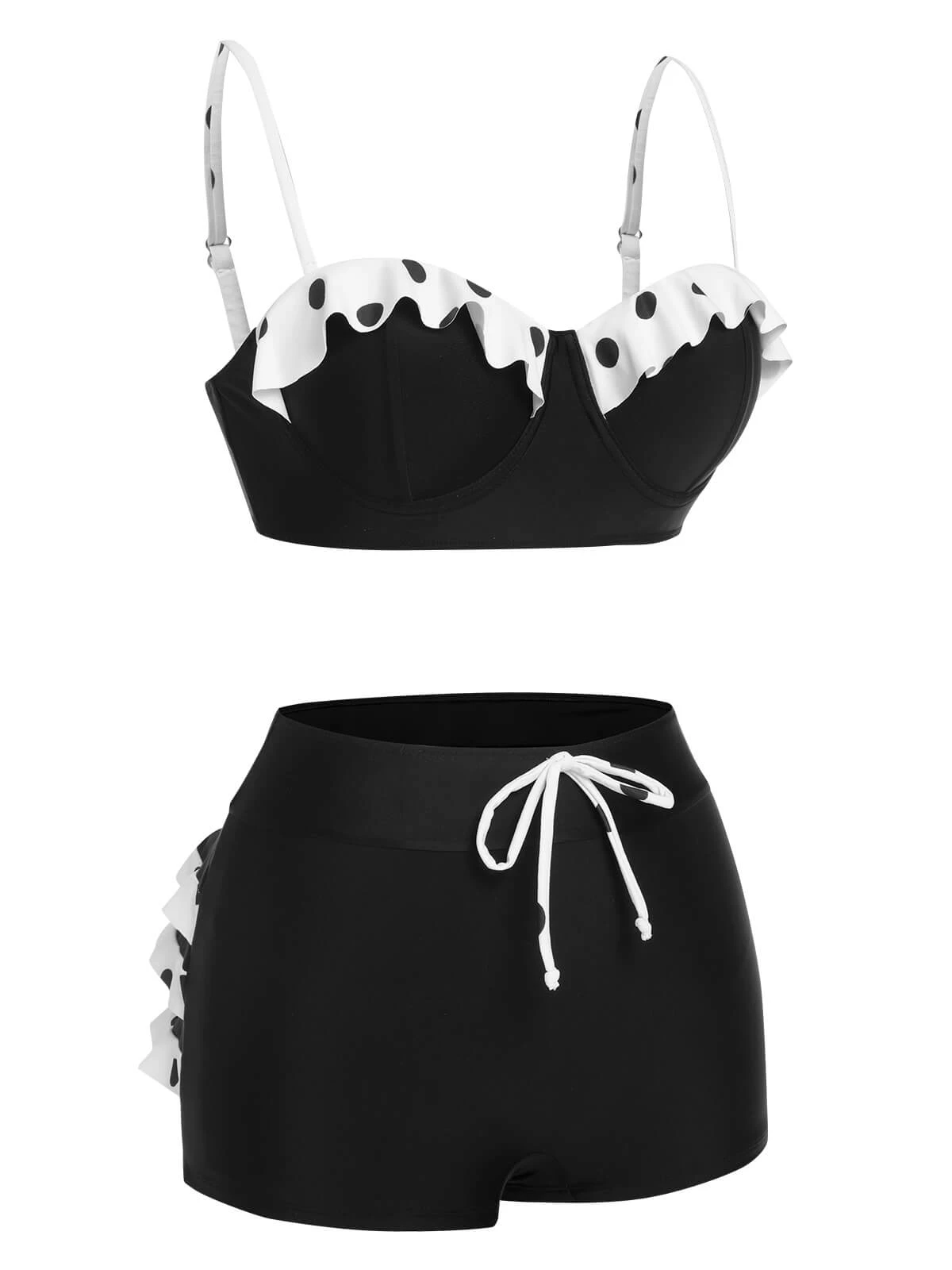 Black White 1950s Dots Layered Strap Swimsuit - Image 3