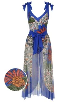 [Plus Size] 1950s Strap Plants Print Swimsuit & Cover-Up