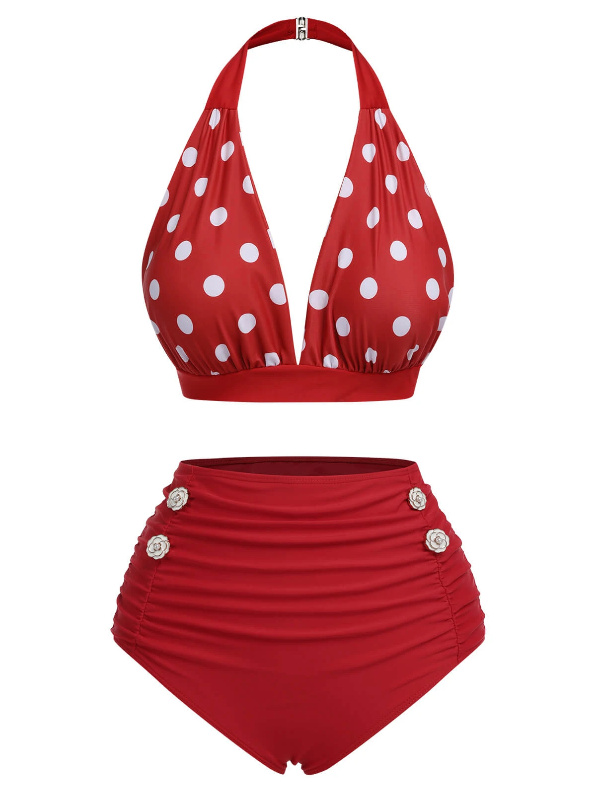 Red 1950s Polka Dot Halter Separate Swimsuit - Image 2