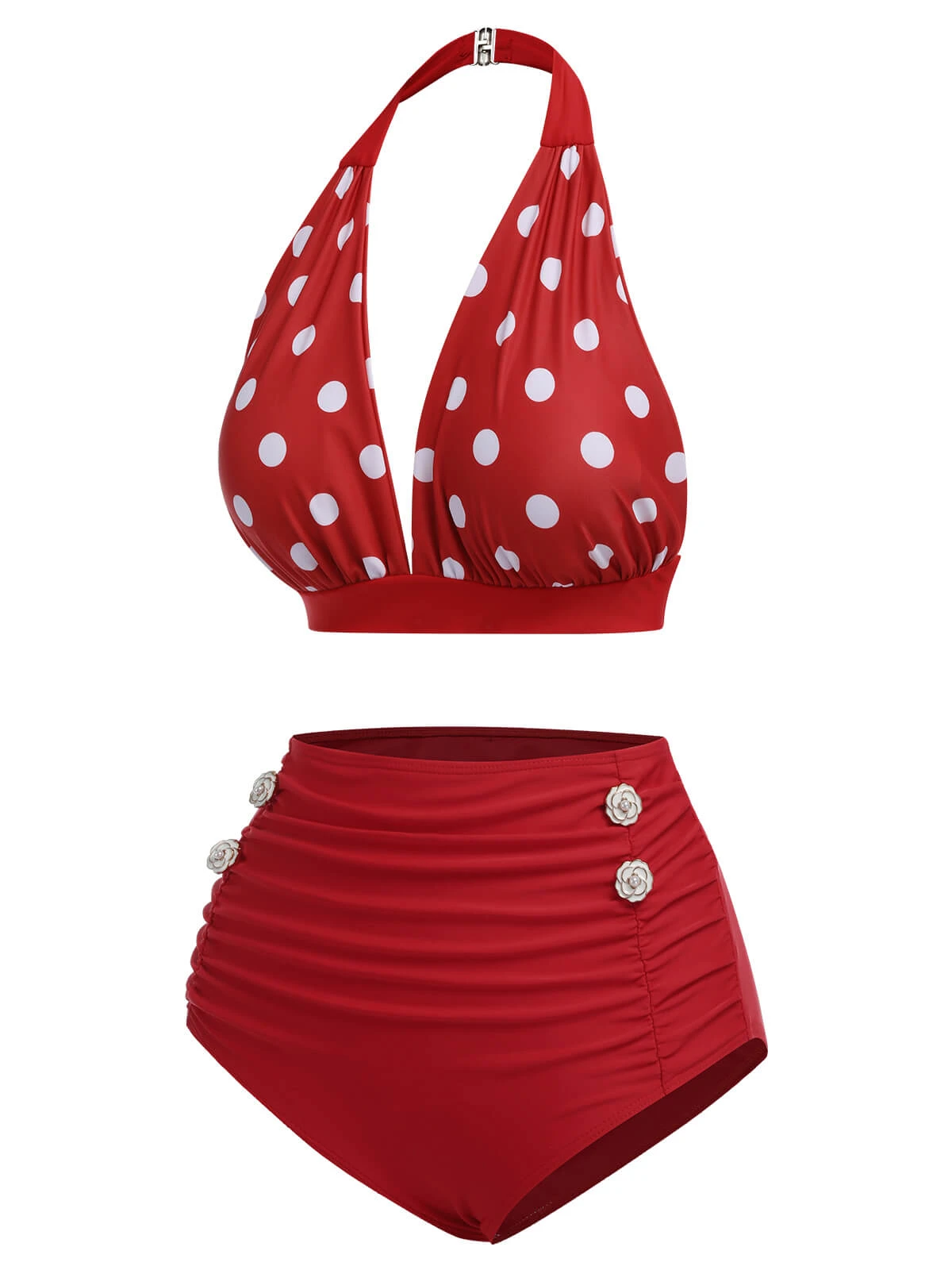Red 1950s Polka Dot Halter Separate Swimsuit - Image 3