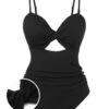 [Plus Size] Black 1960s Spaghetti Strap Twist Swimsuit