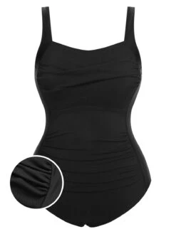 [Plus Size] Black 1960s Pleated Solid Swimsuit
