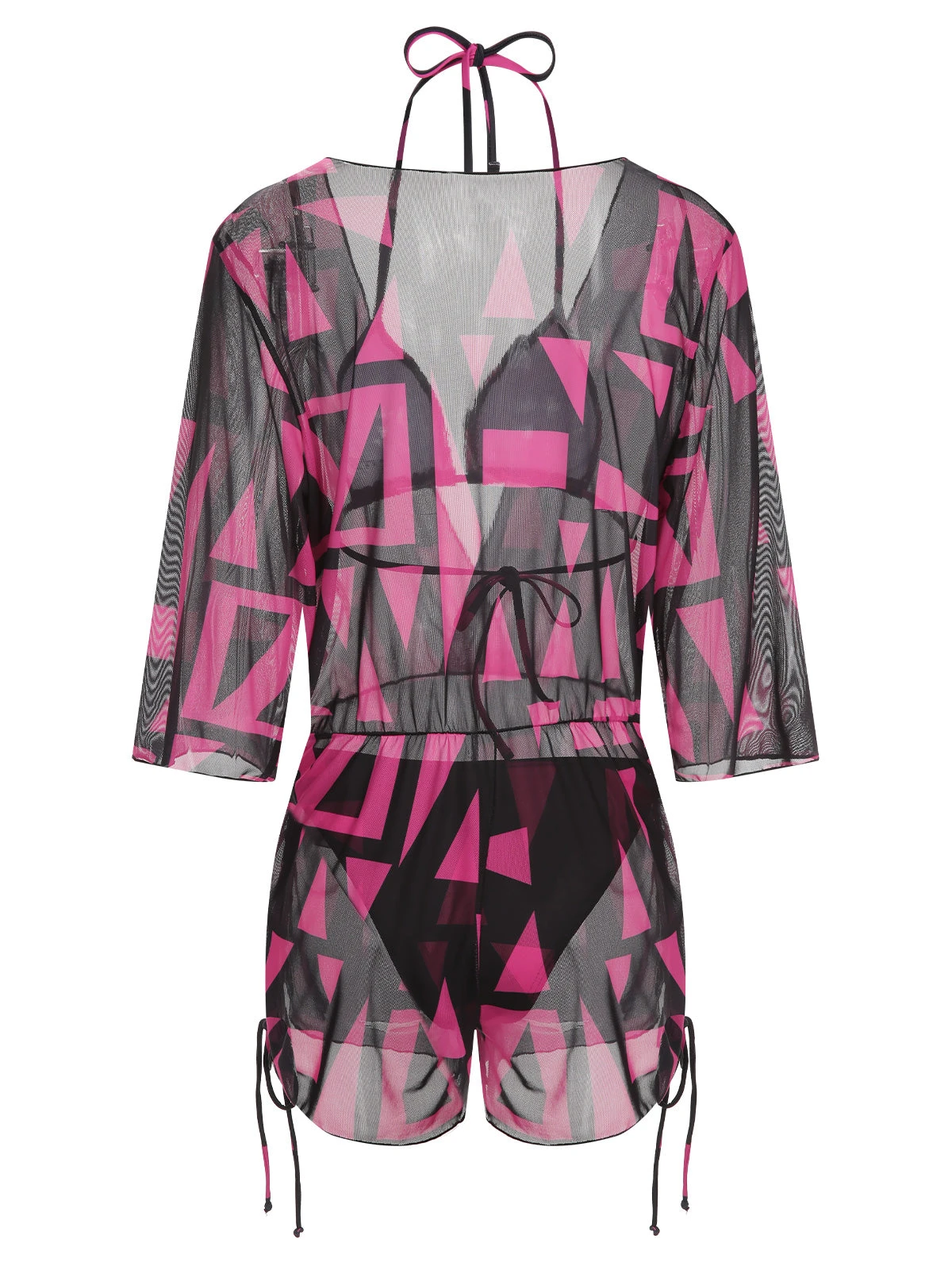 3PCS Rose Red 1960s Geometric Bikini Set & Cover-Up - Image 3