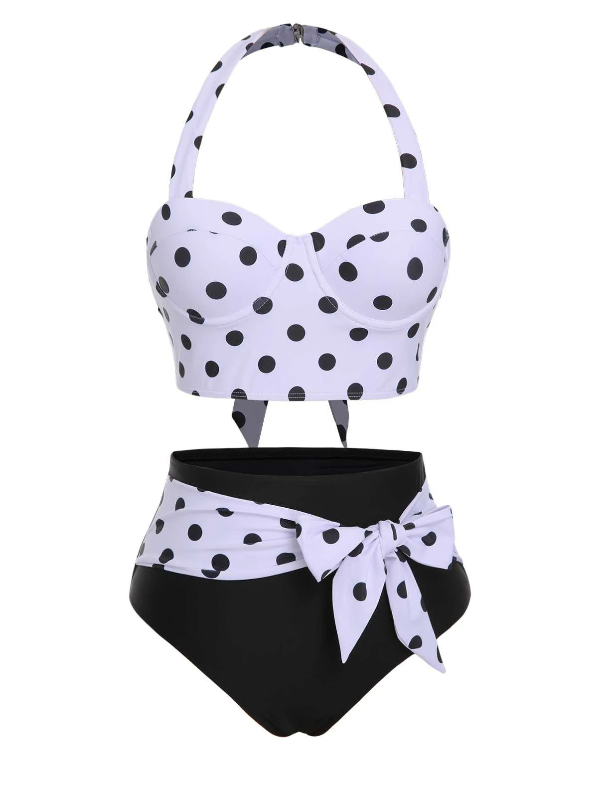 1950s Halter Contrast Polka Dots Swimsuit - Image 2