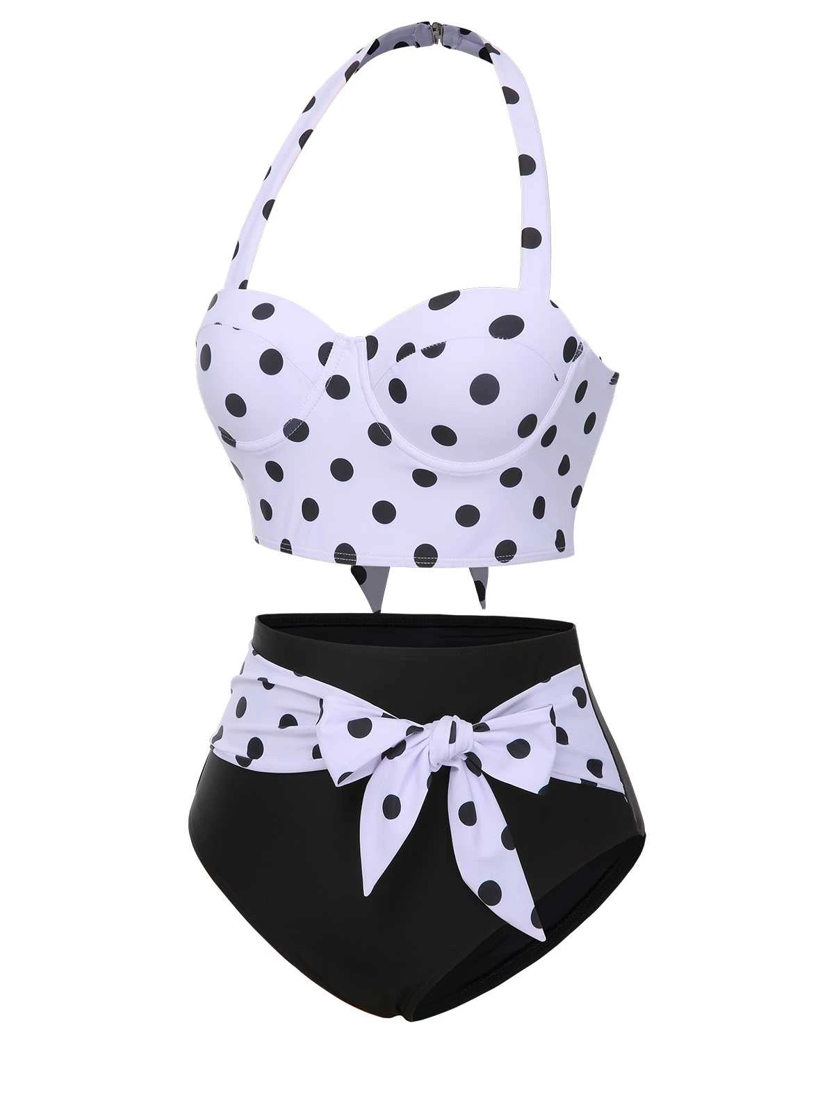 1950s Halter Contrast Polka Dots Swimsuit - Image 3