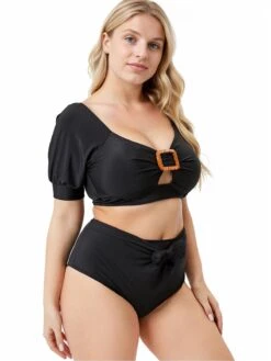 [Plus Size] Black 1960s Solid Hollow Puff Swimsuit