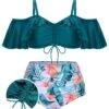 [Plus Size] Green 1950s Strap Floral Ruffles Swimsuit