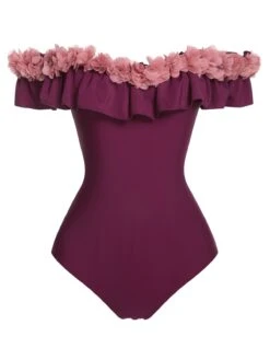 1940s Solid Petal Patchwork One Shoulder Swimsuit