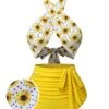 Yellow 1950s Sunflower Cross Halter Swimsuit