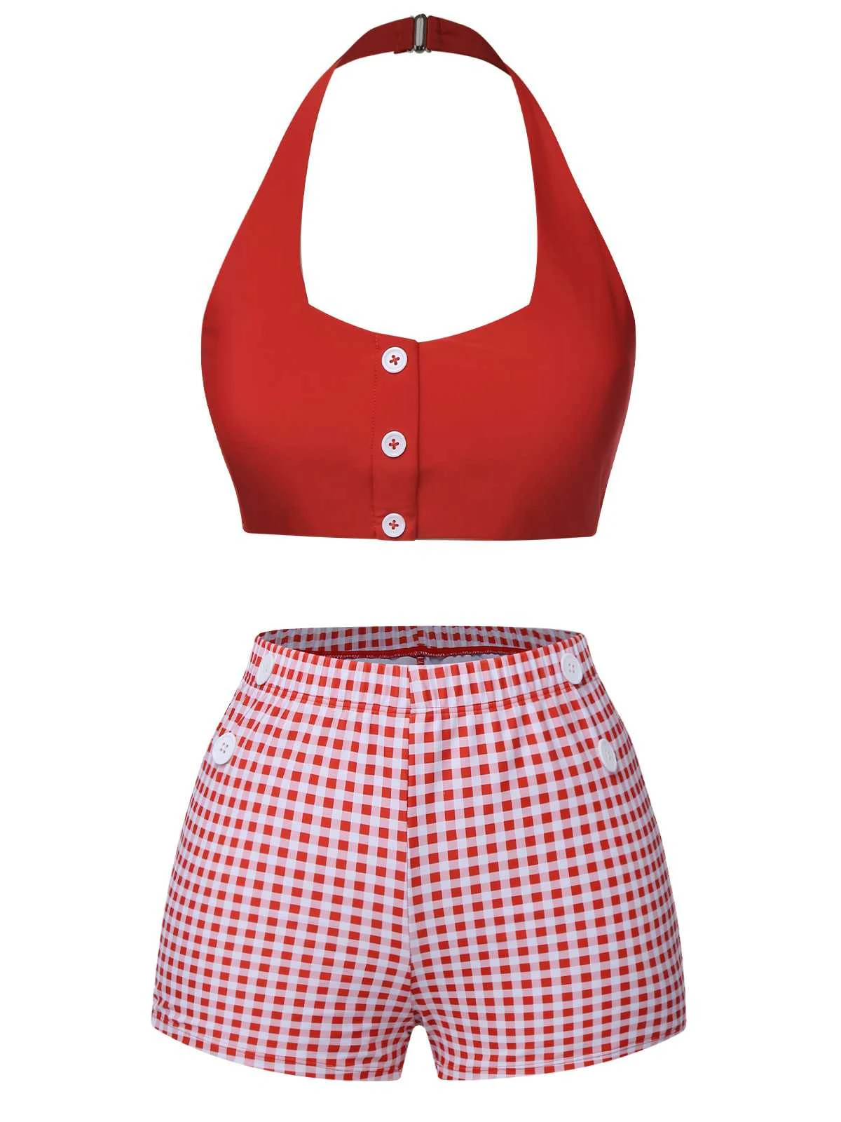Red 1950s Halter Plaids Swimsuit - Image 2