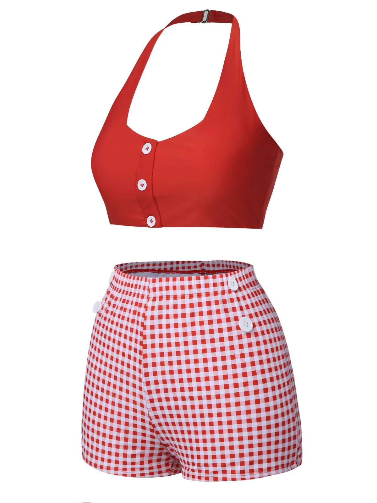 Red 1950s Halter Plaids Swimsuit - Image 3