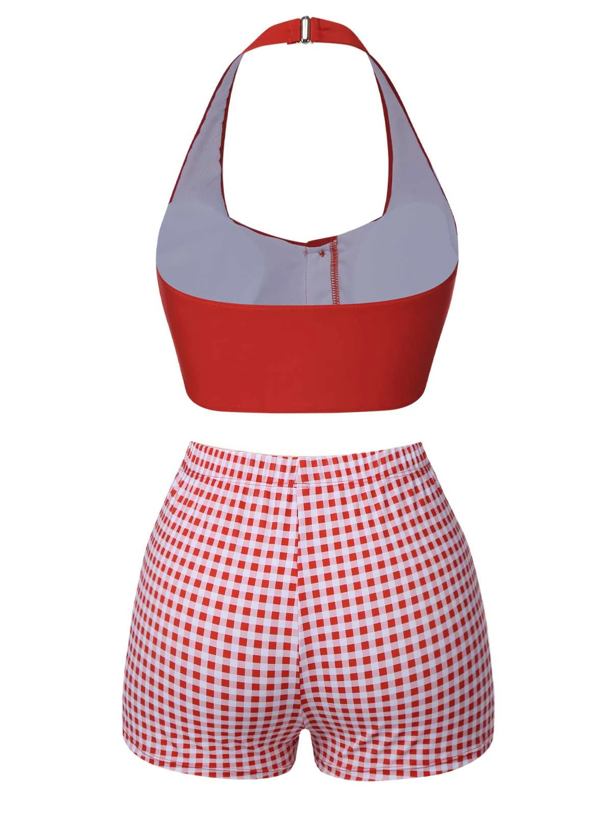 Red 1950s Halter Plaids Swimsuit - Image 4