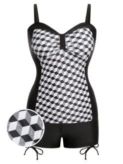 [Plus Size] Black & White 1960s Geometric Lace-Up Swimsuit