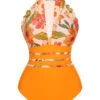 Orange 1960s Halter Floral One-Piece Swimsuit