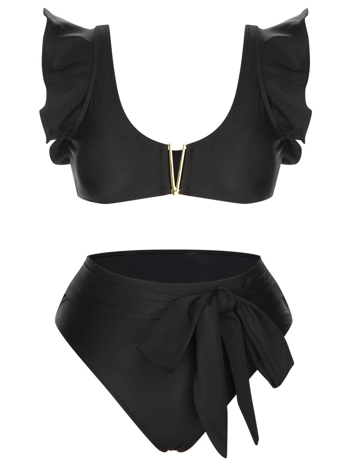Black 1950s Ruffle Sleeve Split Swimsuit - Image 2