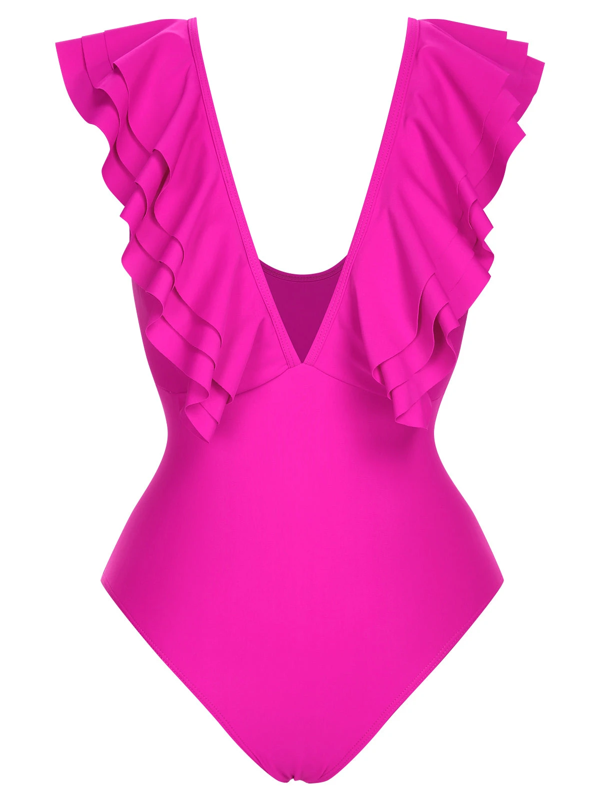 1950s Solid Ruffle V-Neck One-Piece Swimsuit - Image 2