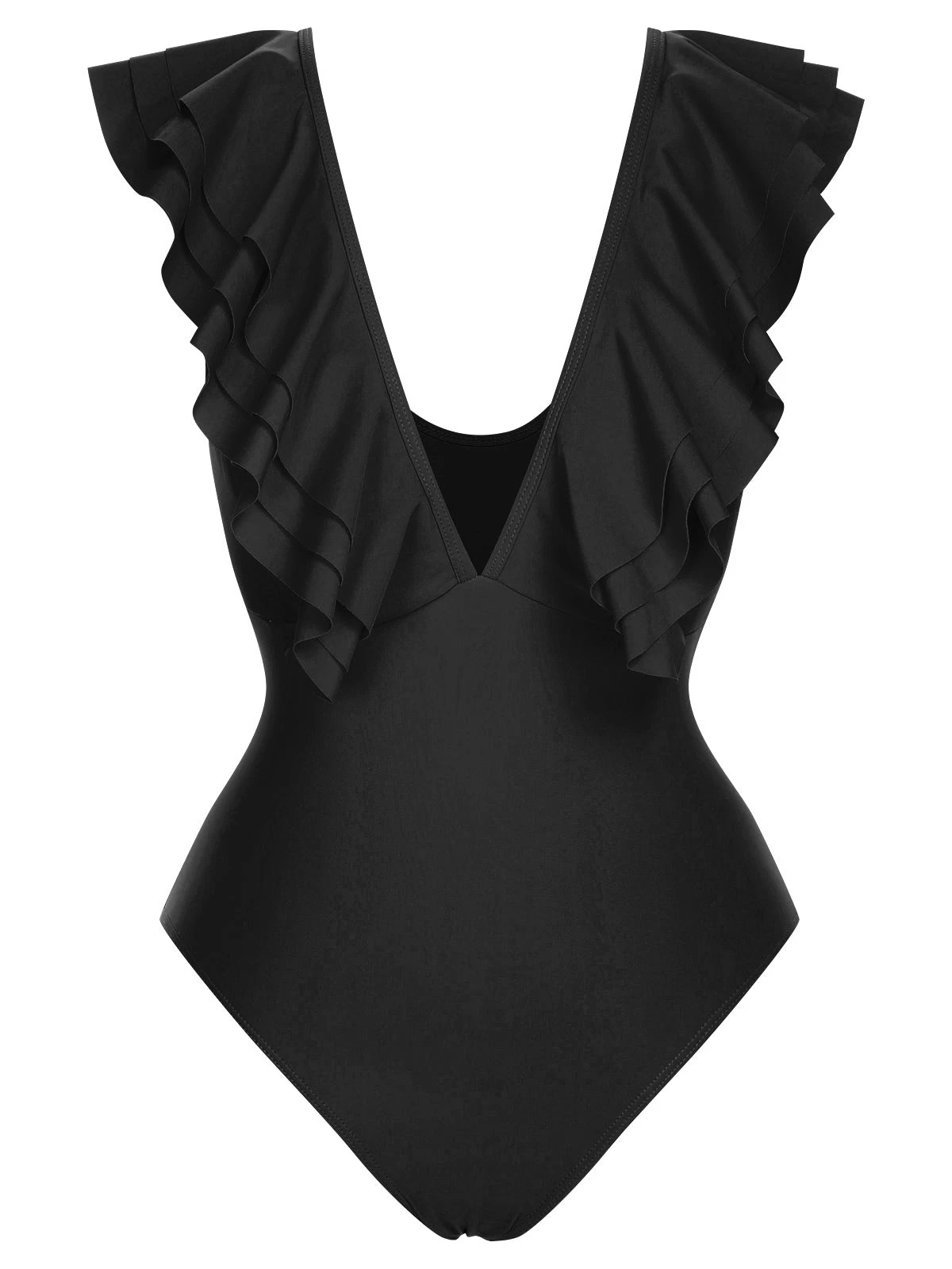 1950s Solid Ruffle V-Neck One-Piece Swimsuit - Image 9
