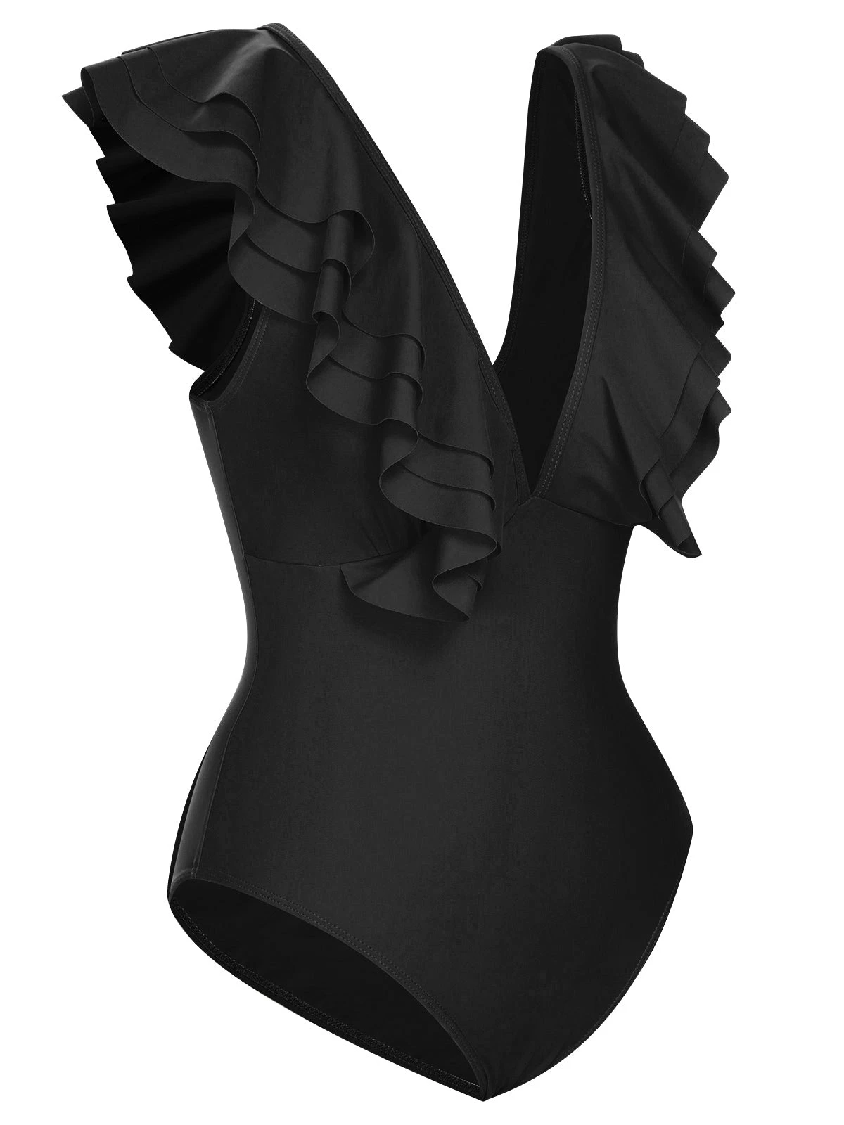1950s Solid Ruffle V-Neck One-Piece Swimsuit - Image 10