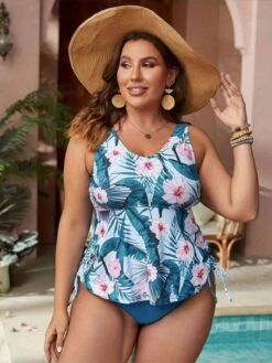 [Plus Size] Blue 1950s Floral Swimsuit