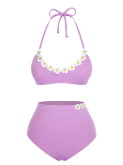 [Pre-Sale] Purple 1960s Halter Knit Daisy Swimsuit