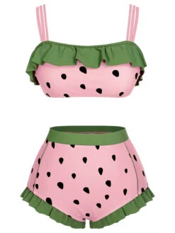 [Pre-Sale] Pink 1950s Strawberry Ruffle Strap Swimsuit