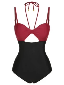 1950s Solid Cutout Halter Strap Swimsuit