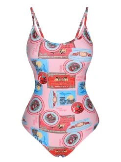 Pink 1940s Spaghetti Strap Print One-Piece Swimsuit