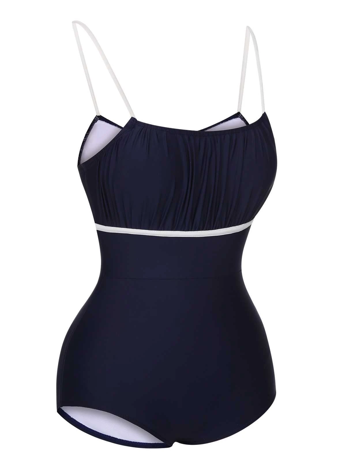 Dark Blue 1930s Spaghetti Strap Pleated Swimsuit - Image 2