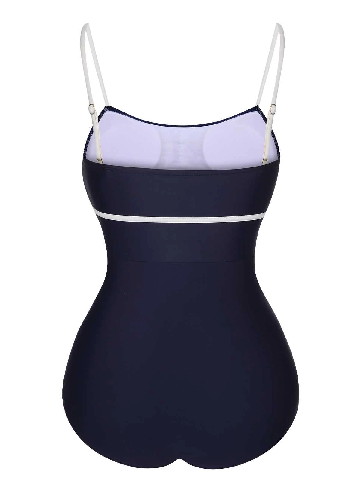 Dark Blue 1930s Spaghetti Strap Pleated Swimsuit - Image 3