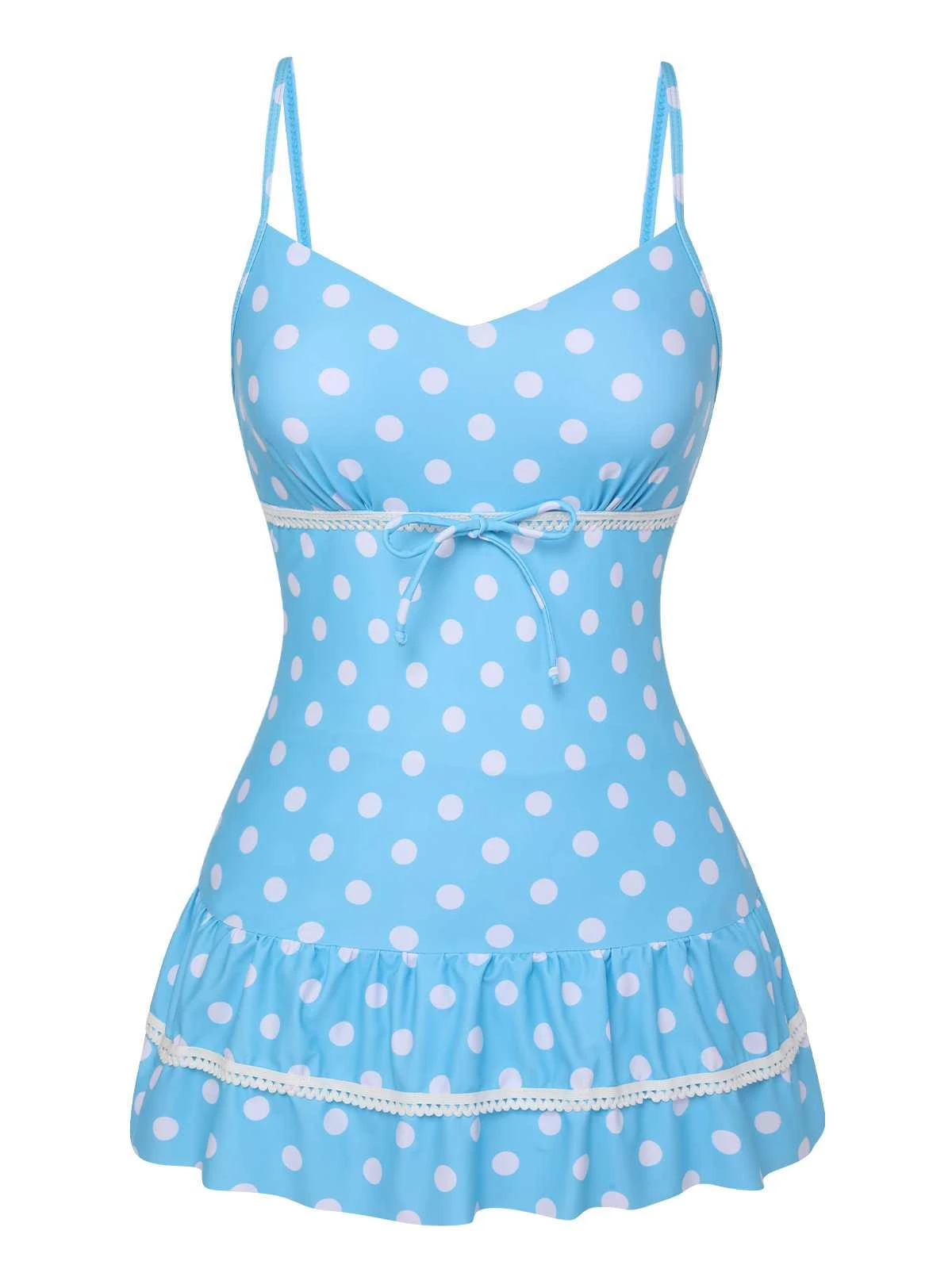 Blue 1940s Spaghetti Strap Polka Dots One-Piece Swimsuit - Image 2