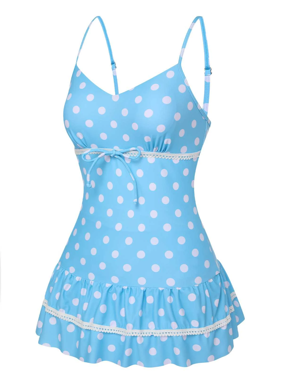 Blue 1940s Spaghetti Strap Polka Dots One-Piece Swimsuit - Image 3
