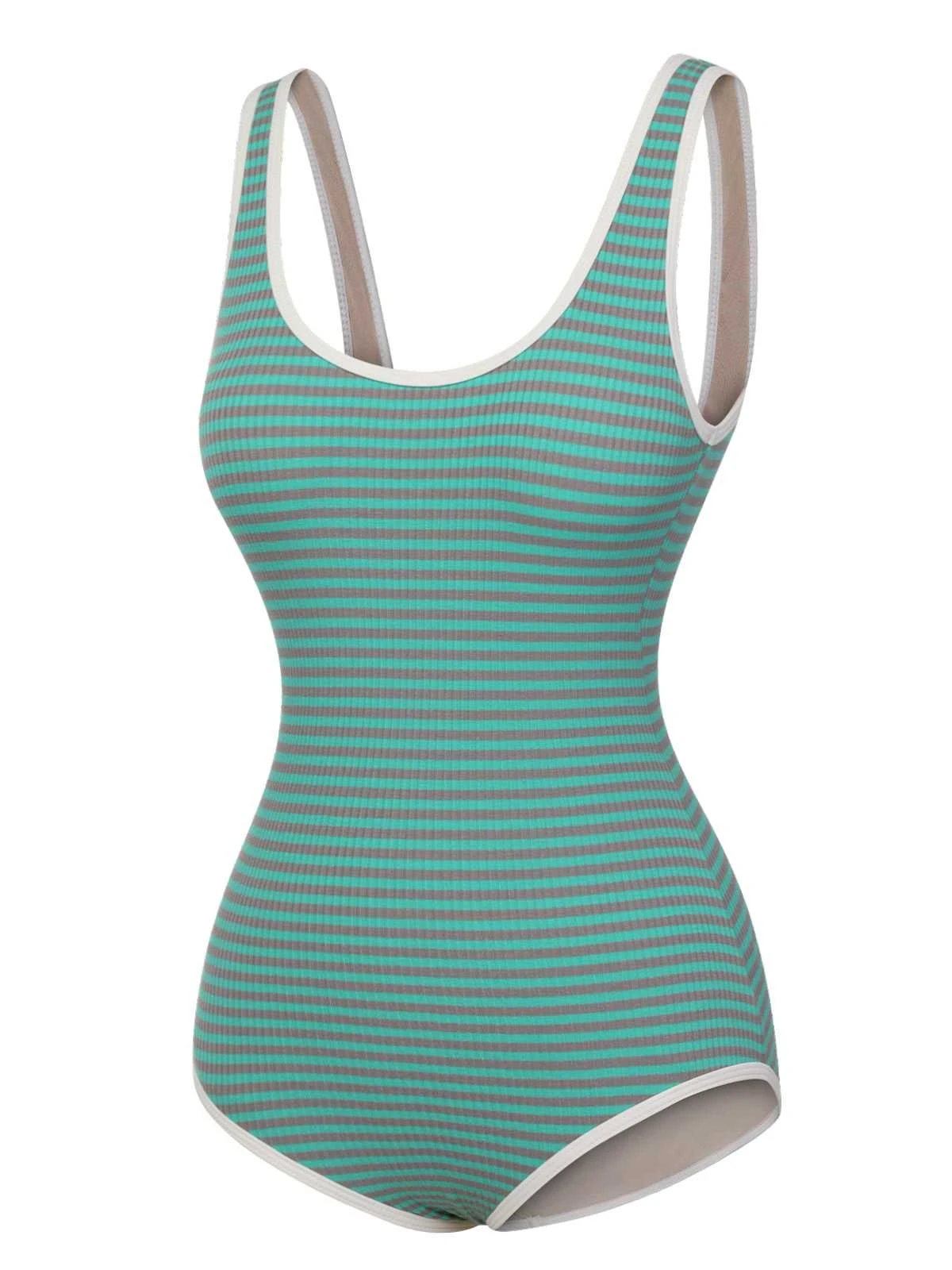 Green 1950s Stripes Backless One-Piece Swimsuit - Image 2