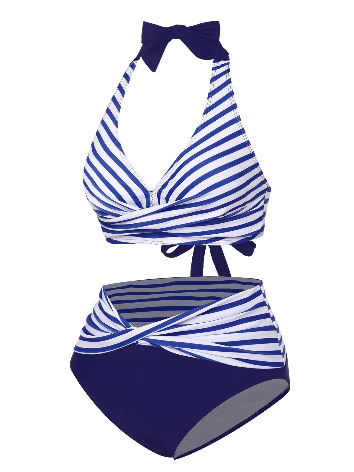 Blue 1940s Striped Contrast Knit Halter Swimsuit - Image 2