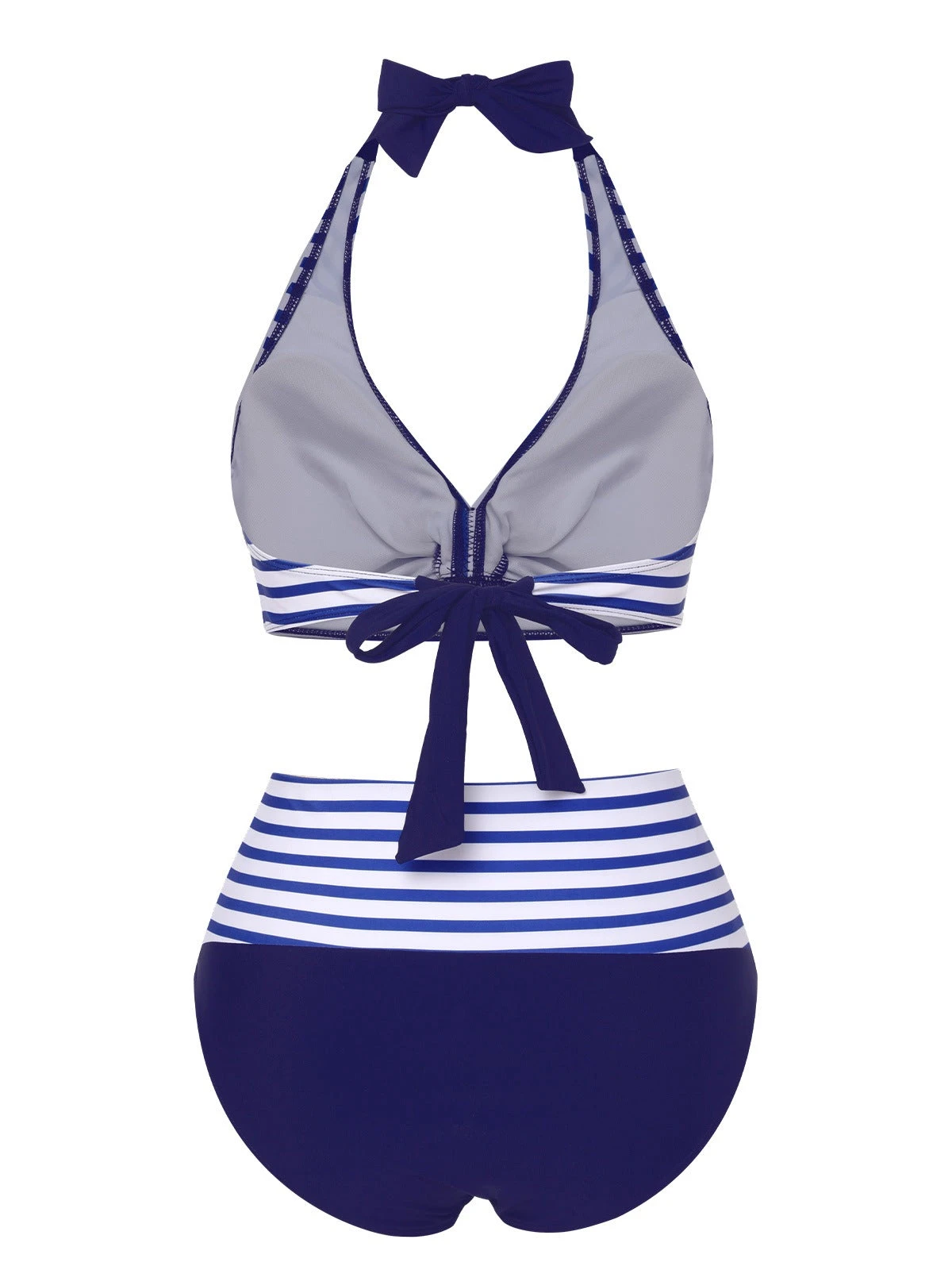 Blue 1940s Striped Contrast Knit Halter Swimsuit - Image 3