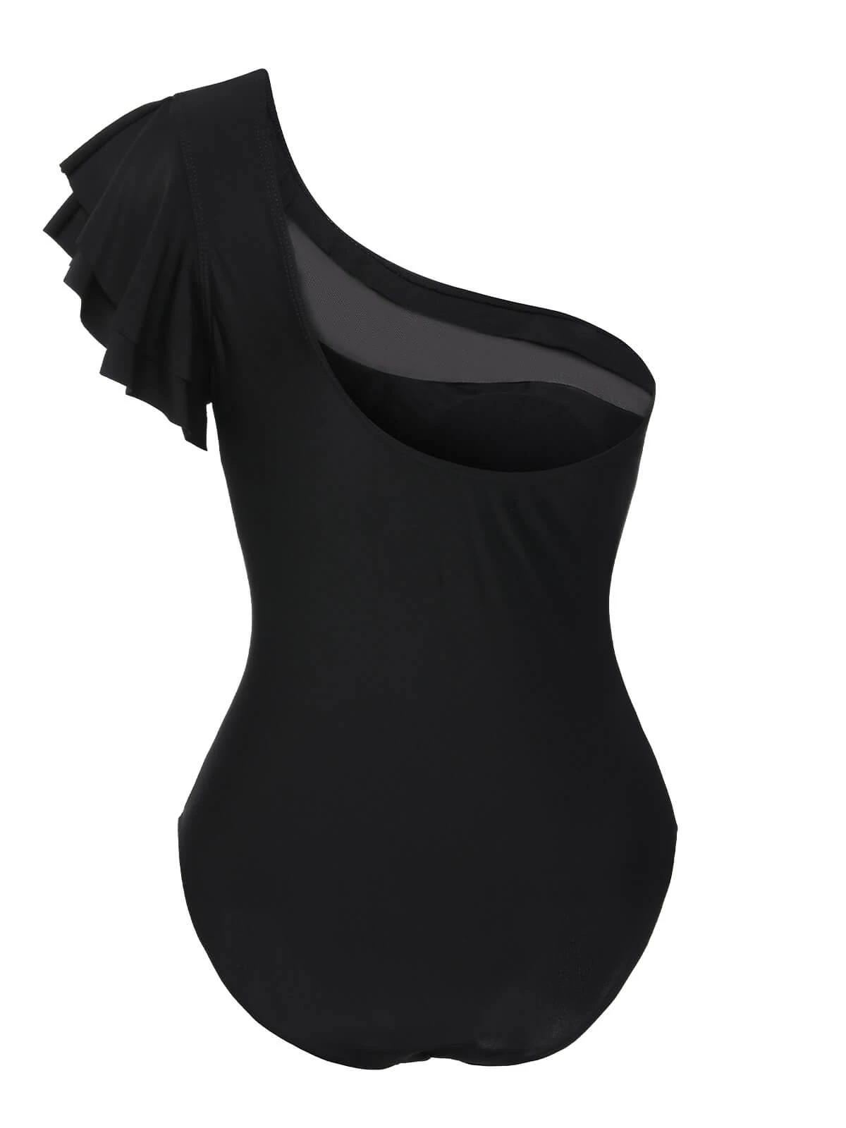 Black 1950s Sheer Patchwork One-Shoulder Swimsuit - Image 3