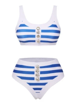 Blue & White 1950s Stripes Buttons Swimsuit