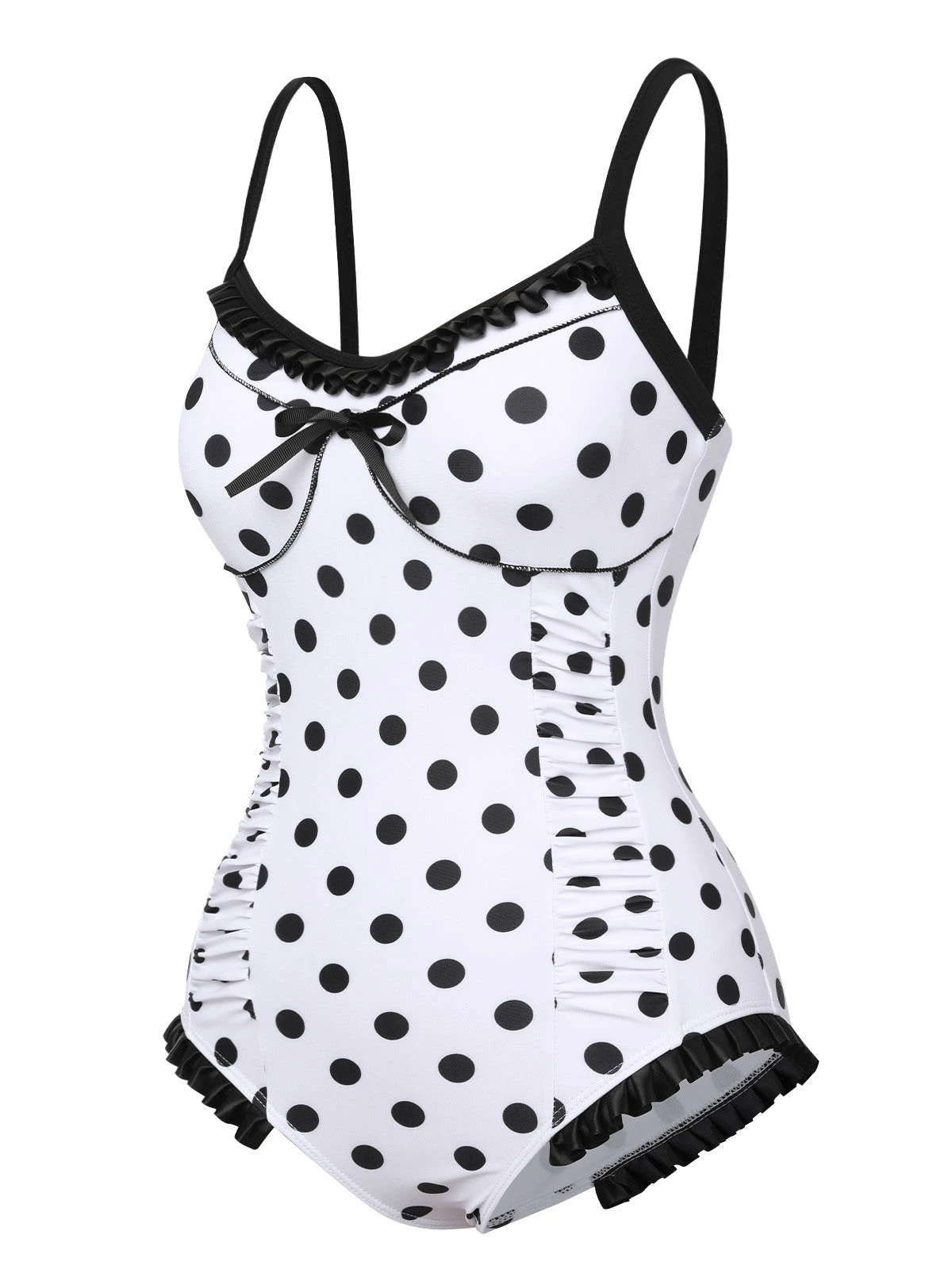 White 1950s Polka Dots Strap Swimsuit - Image 3