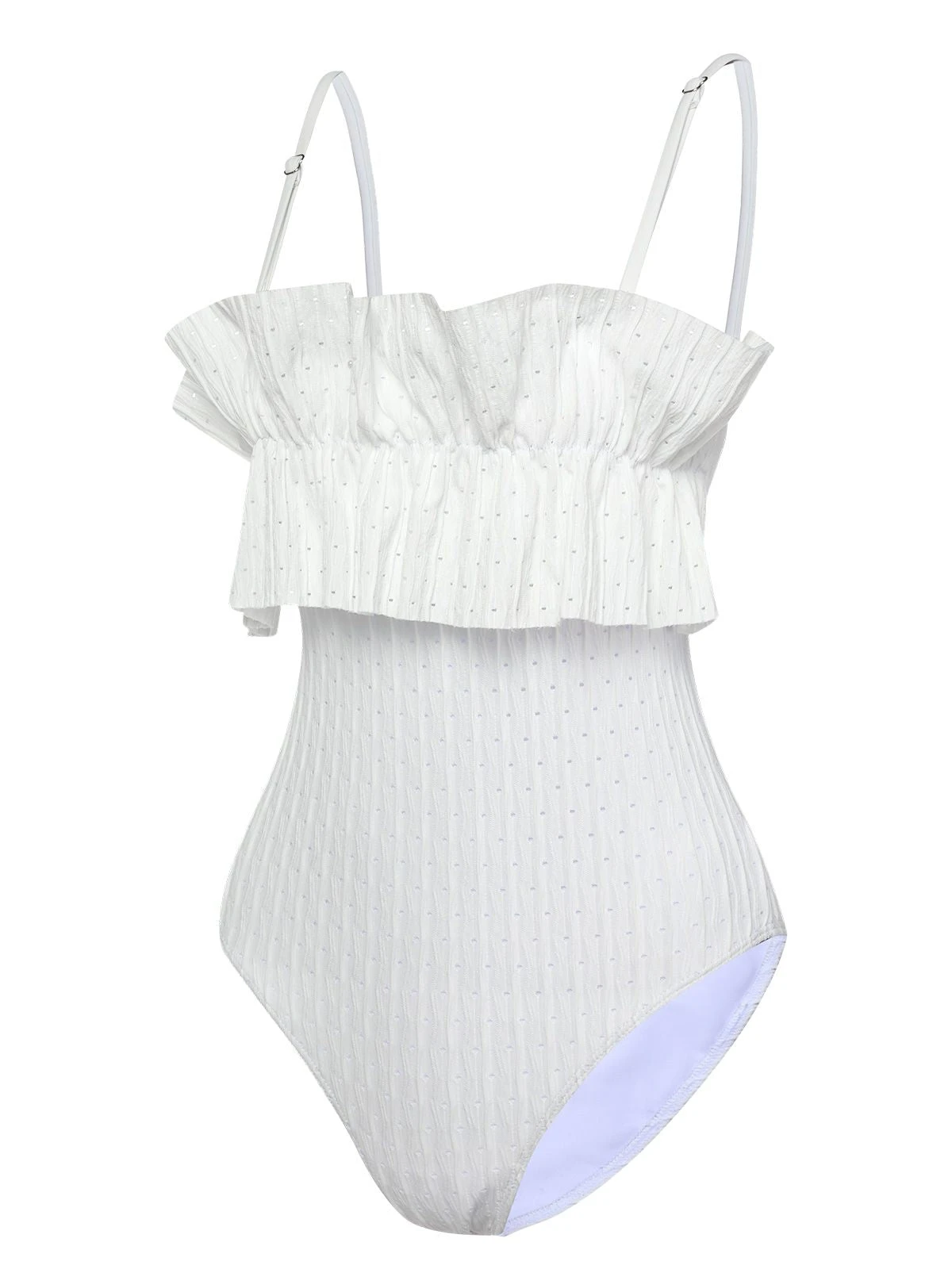 White 1970s Solid Ruffles Bandeau Swimsuit - Image 2