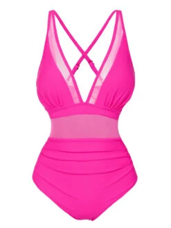 Rose Red 1950s Solid Sheer Patchwork Swimsuit