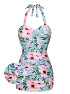 [Pre-Sale] Green & Pink 1930s Floral Polka Dot Halter Swimsuit