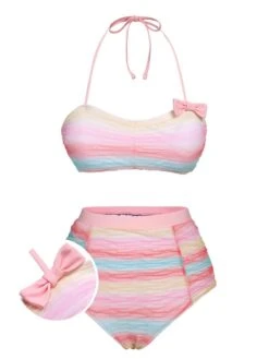 [Pre-Sale] Multicolor 1960s Rainbow Mesh Bow Swimsuit