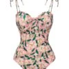 Pink 1950s Spaghetti Strap Plants Print Swimsuit