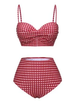 1950s Gingham Plaid Suspender Swimsuit