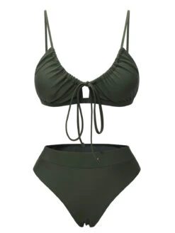 Army Green 1950s Solid Drawstring Halter Bikini