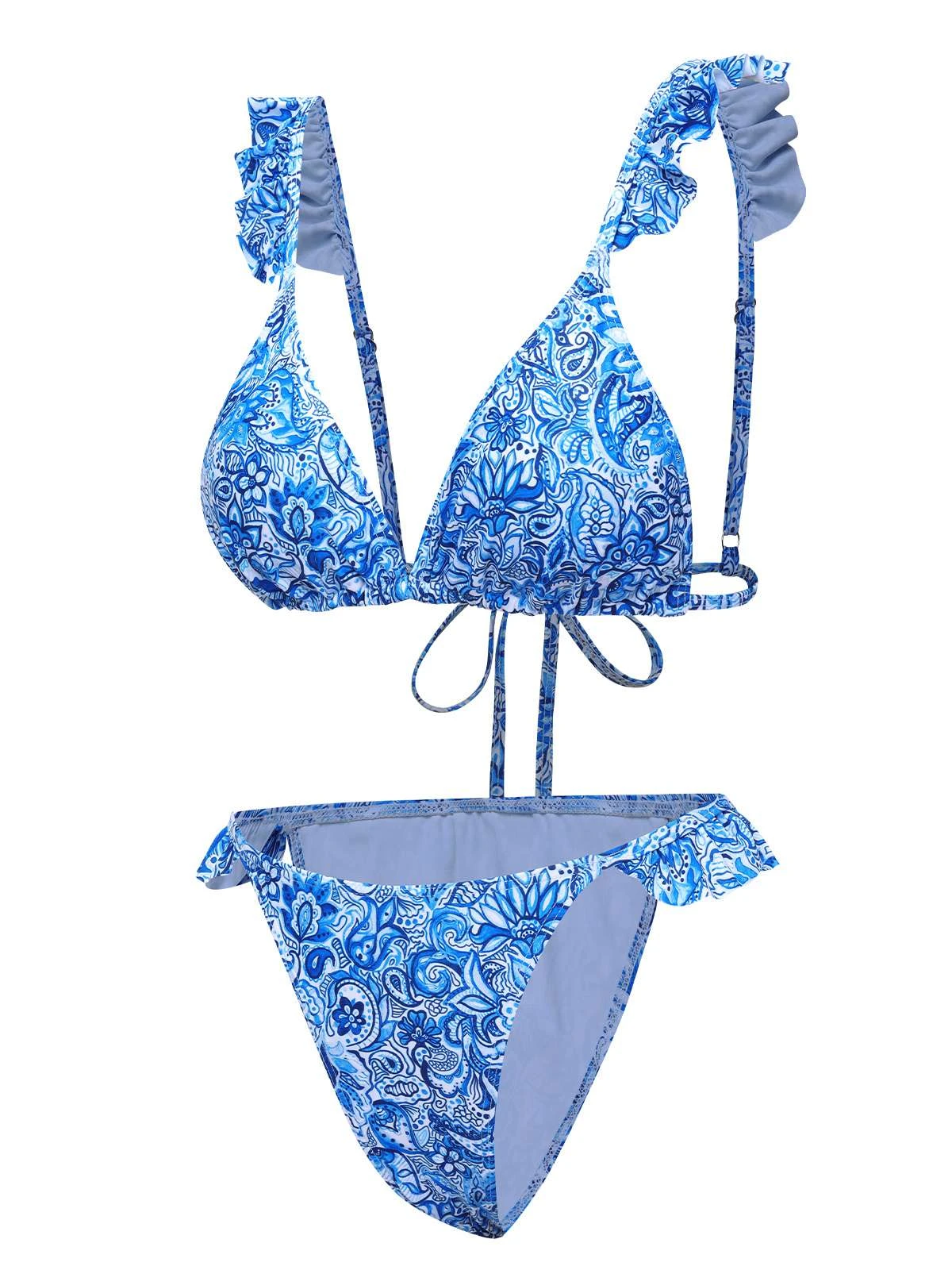Blue 1950s Paisley Print Ruffle Trim Triangle Bikini Swimsuit - Image 2