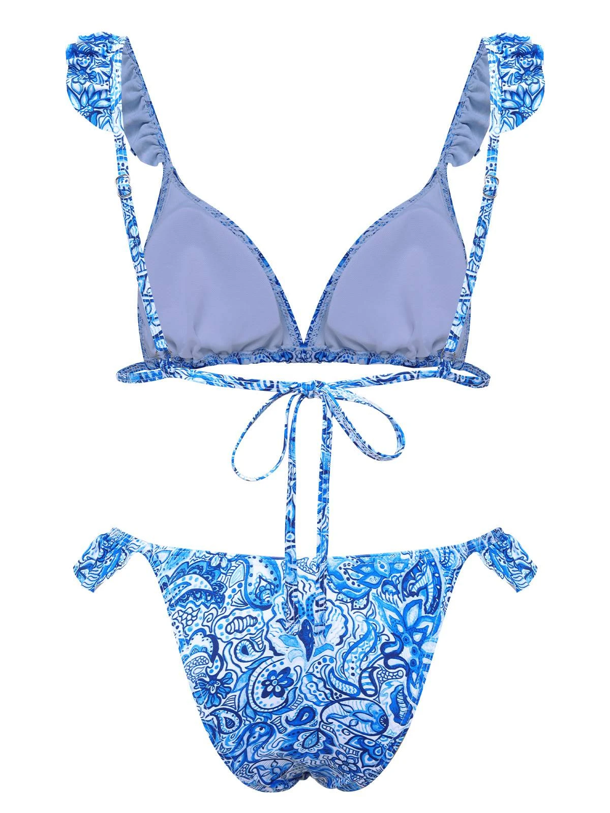Blue 1950s Paisley Print Ruffle Trim Triangle Bikini Swimsuit - Image 3