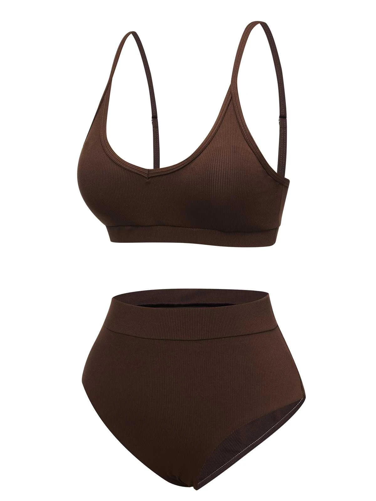 Brown 1950s Spaghetti Strap Solid Swimsuit - Image 2