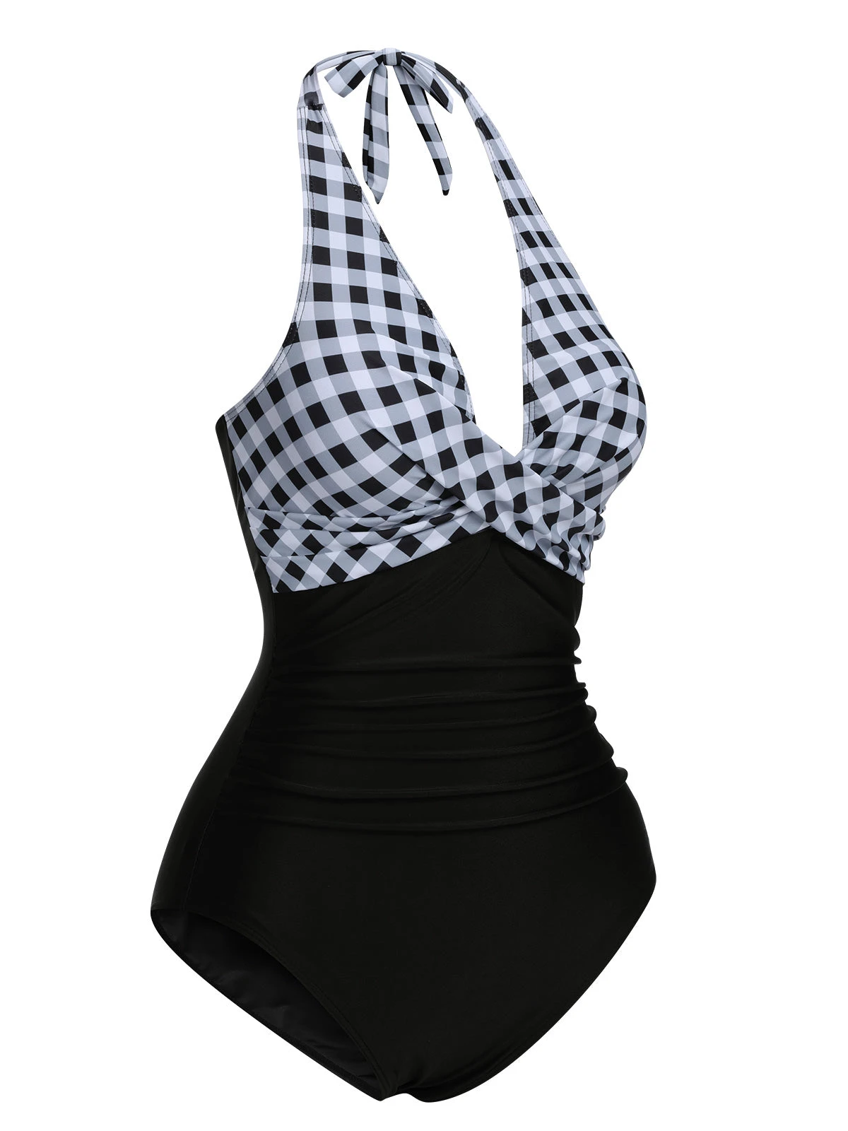 Black 1940s Halter Backless Plaids One-Piece Swimsuit - Image 2