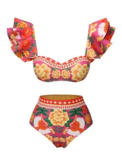 Red 1960s Ruffles Sleeves Flowers Swimsuit