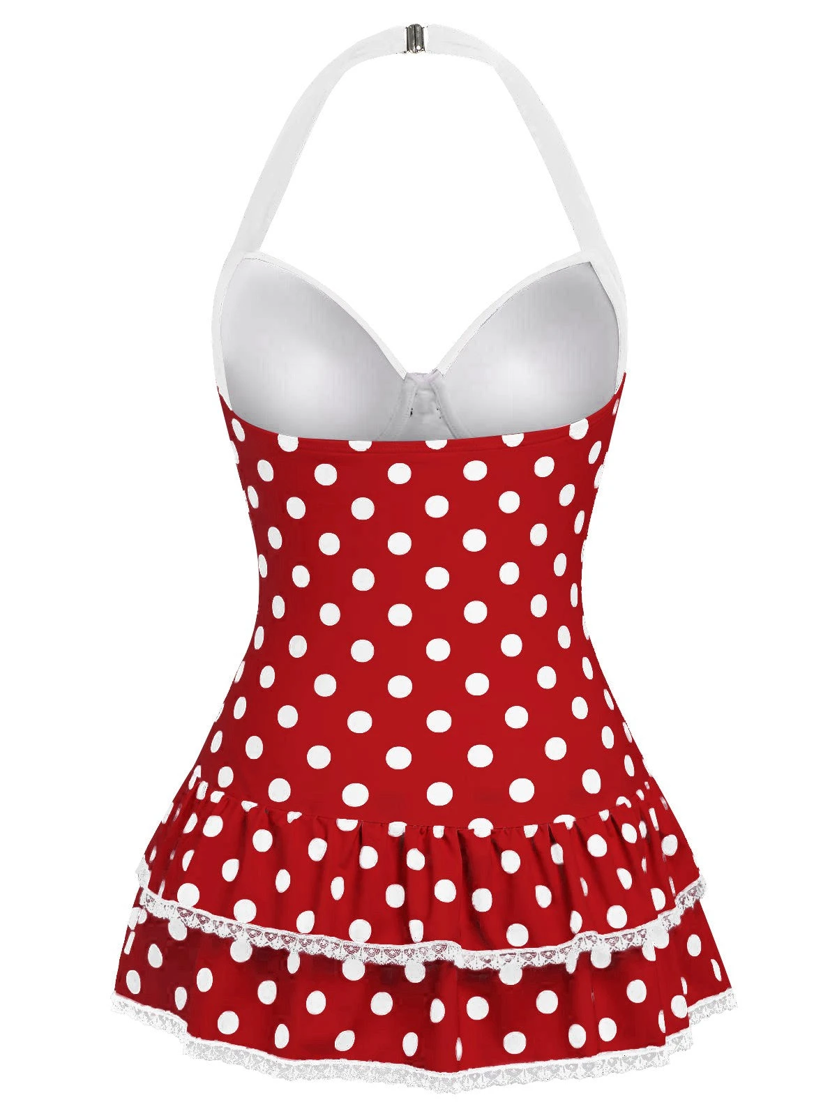 Red 1940s Polka Dots Halter One-Piece Swimsuit - Image 2